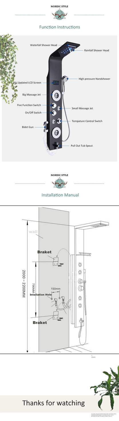 Black Nickel LED Shower Panel Six Functions Shower Column Rain Waterfall Shower Massage Spa Jets Tub Shower With Bidet Bath Taps