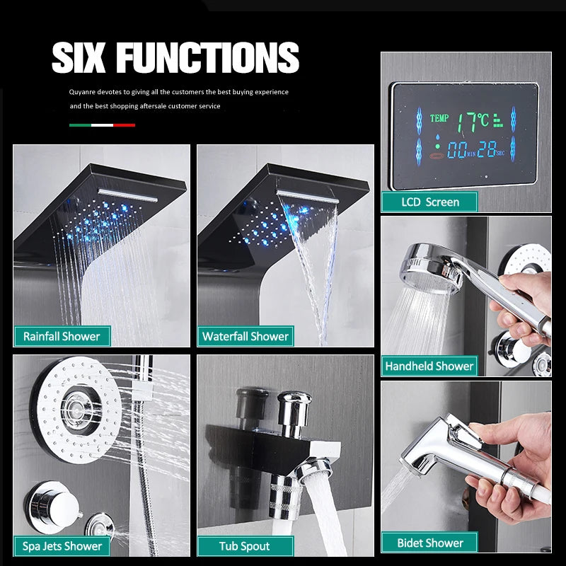 Black Nickel LED Shower Panel Six Functions Shower Column Rain Waterfall Shower Massage Spa Jets Tub Shower With Bidet Bath Taps