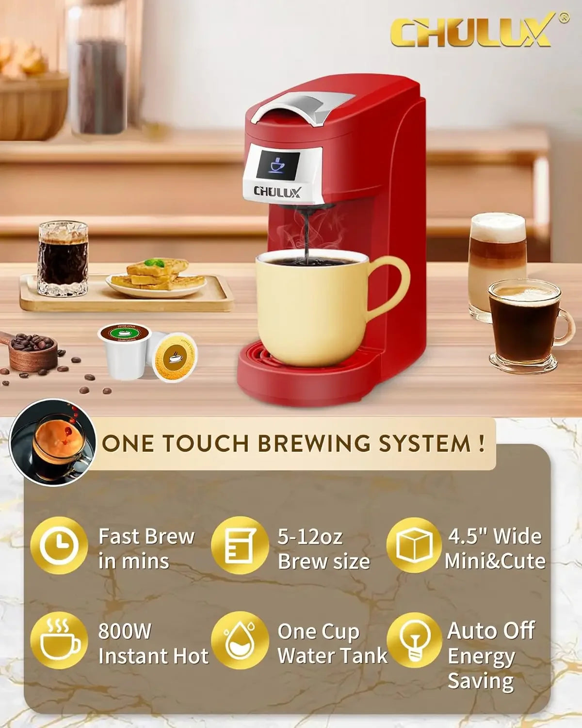 NEW Single Serve Coffee Maker, Red Single Cup Coffee Machine for K Cup & Ground Coffee, 5 to 12oz Brew Sizes in Mins for Home