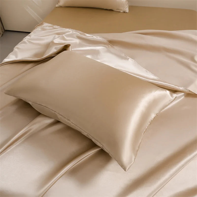 Satin Bed Sheets, Queen Size Sheets Set, 4 Pcs Silky Bedding Set   1 Deep Pocket Fitted Sheet + 1 Flat Sheet + 2 Pillowcases