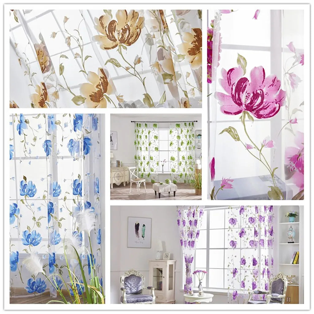 1pc Flower Tulle Curtains for Living Room Bedroom Kitchen Floral Voile Sheer Curtains for Window Treatment Drapes Blinds