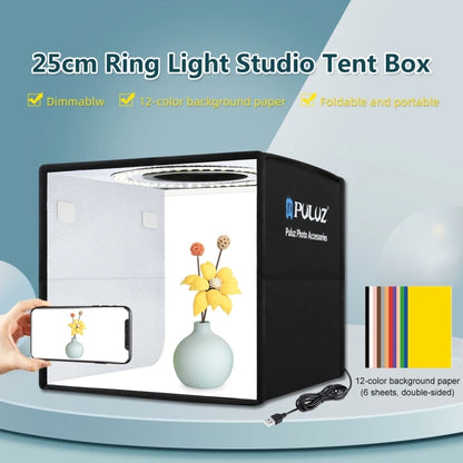 PULUZ 25cm Folding Portable High 97 CRI Ring Light Photo Lighting Studio Shooting Tent Box with 12 Colors Backdrops