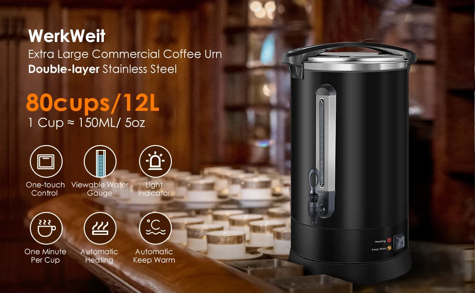 Urn 80 Cups Large Coffee Dispenser 12L Full Stainless Steel Commercial Coffee Maker Double Wall Quick Brew Electric Bever