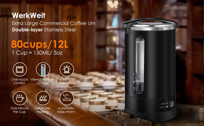 Urn 80 Cups Large Coffee Dispenser 12L Full Stainless Steel Commercial Coffee Maker Double Wall Quick Brew Electric Bever