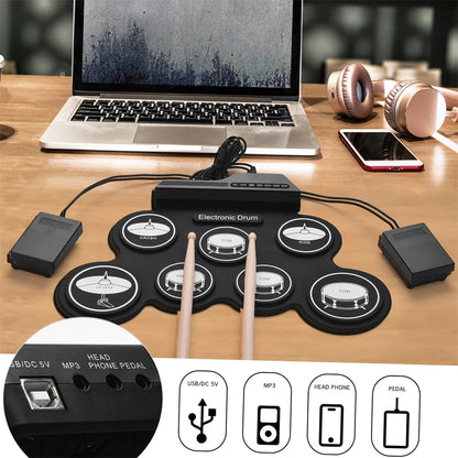 Electronic Drum Set Foldable Music Drums USB Silicone Drum Portable Practice Drums USB Pad Portable Practice Drums Kit with Drum