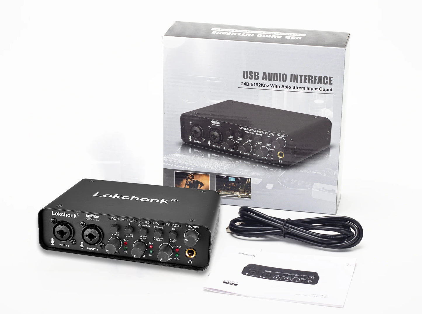 UX22 Audio Interface Sound Card 24-bit/192KHz AD Converter, Electric Guitar Live Recording Professional Studio Singing, Podcast