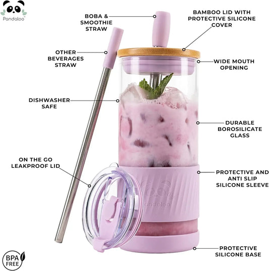 Iced Coffee Cup - Smoothie Cup with Bamboo Lid and To-Go Lid - Glass Cup with Straw