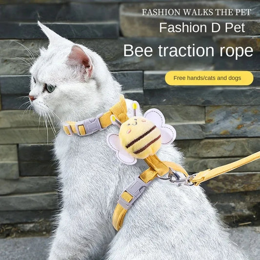 Cat Harness Leash Collar Set Adjustable Cartoon Bee Double Layer Dog Harness for Small Medium Pet Collar Leash Outdoor Walking