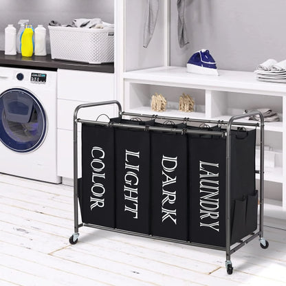 STORAGE MANIAC Laundry Sorter, Divider with Side Pockets, Multi Separator Hamper Removable Bags and Rolling Lockable Wheels