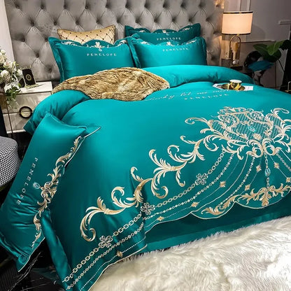 European Style Bedding Set Luxury Gold Royal Embroidery Satin Double Duvet Cover Pure Cotton Bed Sheets and Pillowcases Bed Set