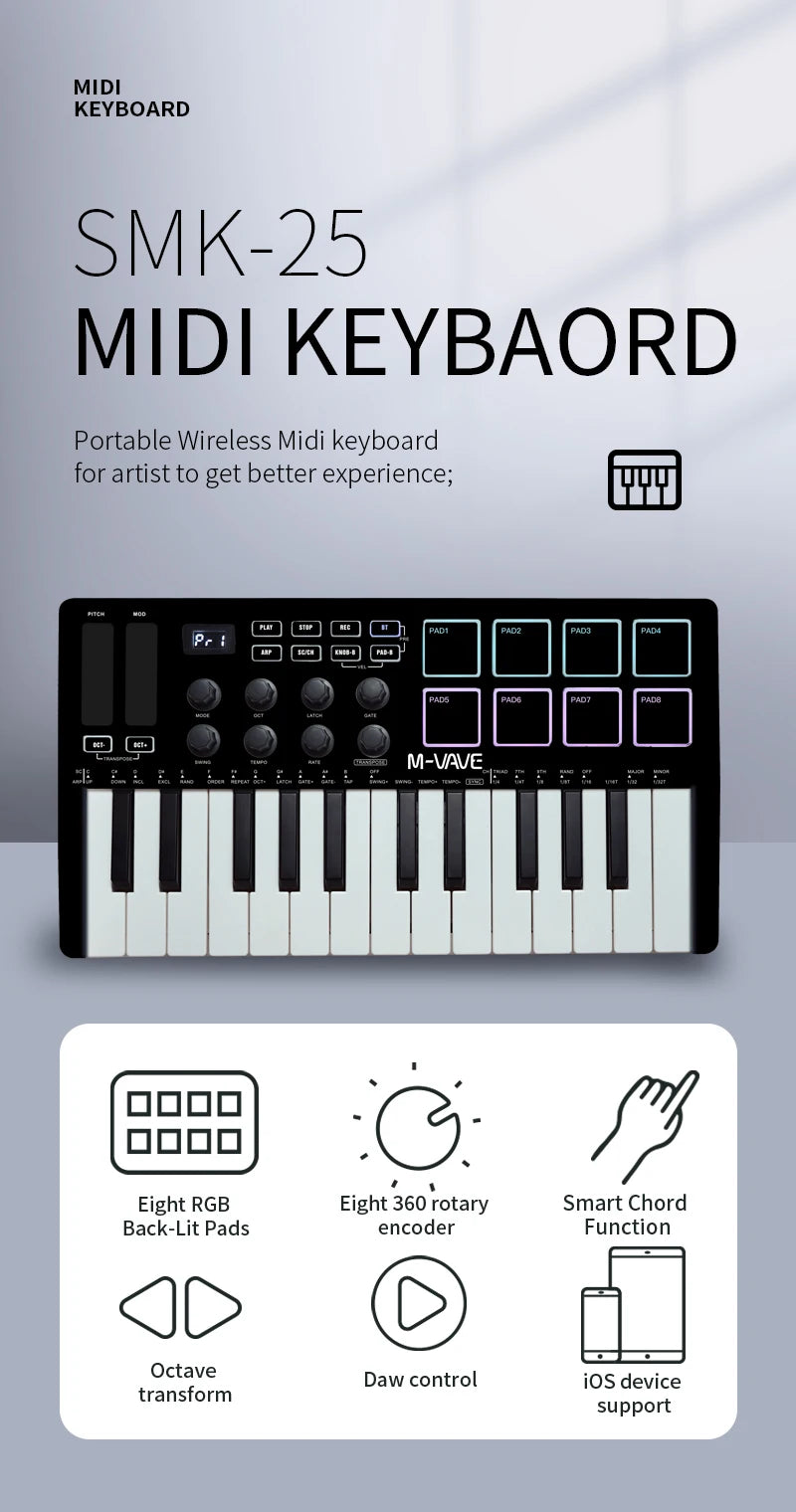 M-VAVE 25-Key MIDI Control Keyboard SMK-25 Mini USB Keyboard MIDI Mini Portable USB Keyboard MIDI Controller Rechargeable Music