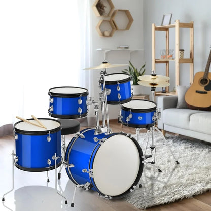 Hardware Drum Set 5-Piece Junior Starter Drum Kit With Cymbals Music Instruments Sticks & Throne - Blue Percussion Musical