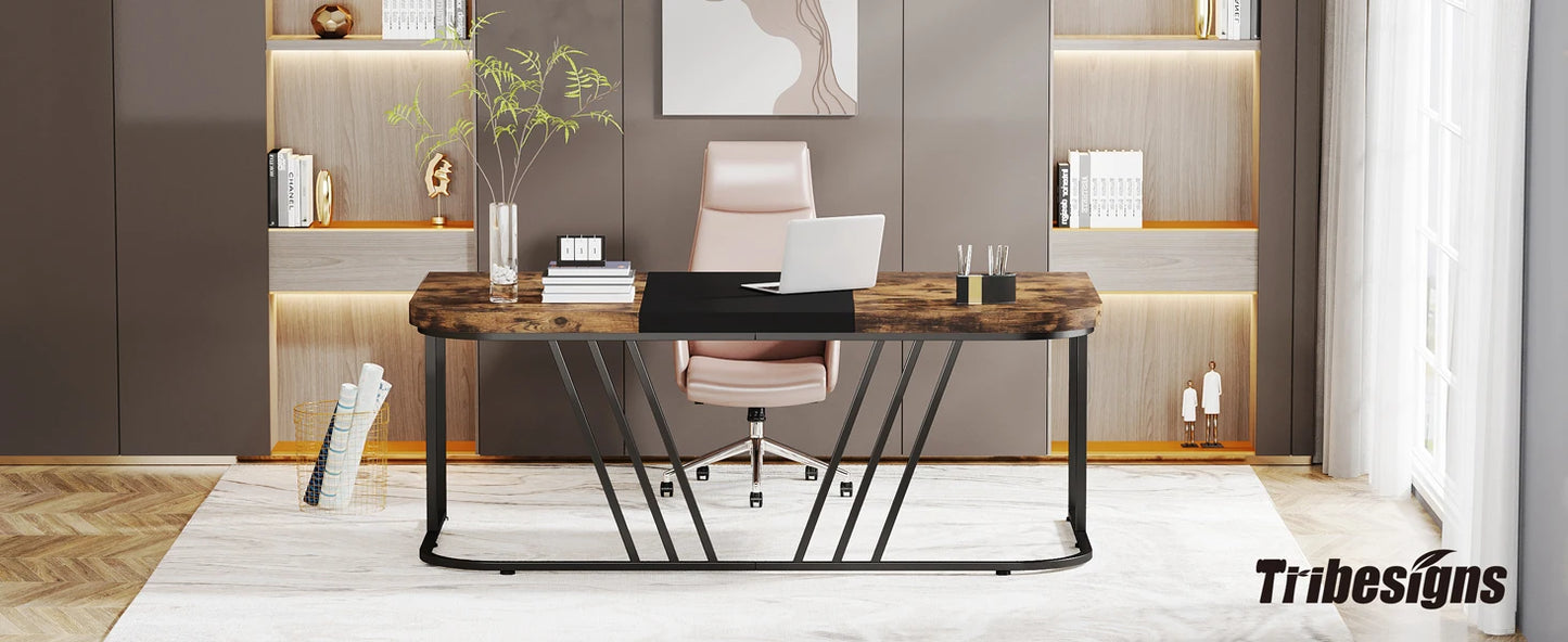 Tribesigns 63" Executive Desk, Large Home Office Desk with Metal Frame, Industrial Wood Study Writing Computer Desk Conference T