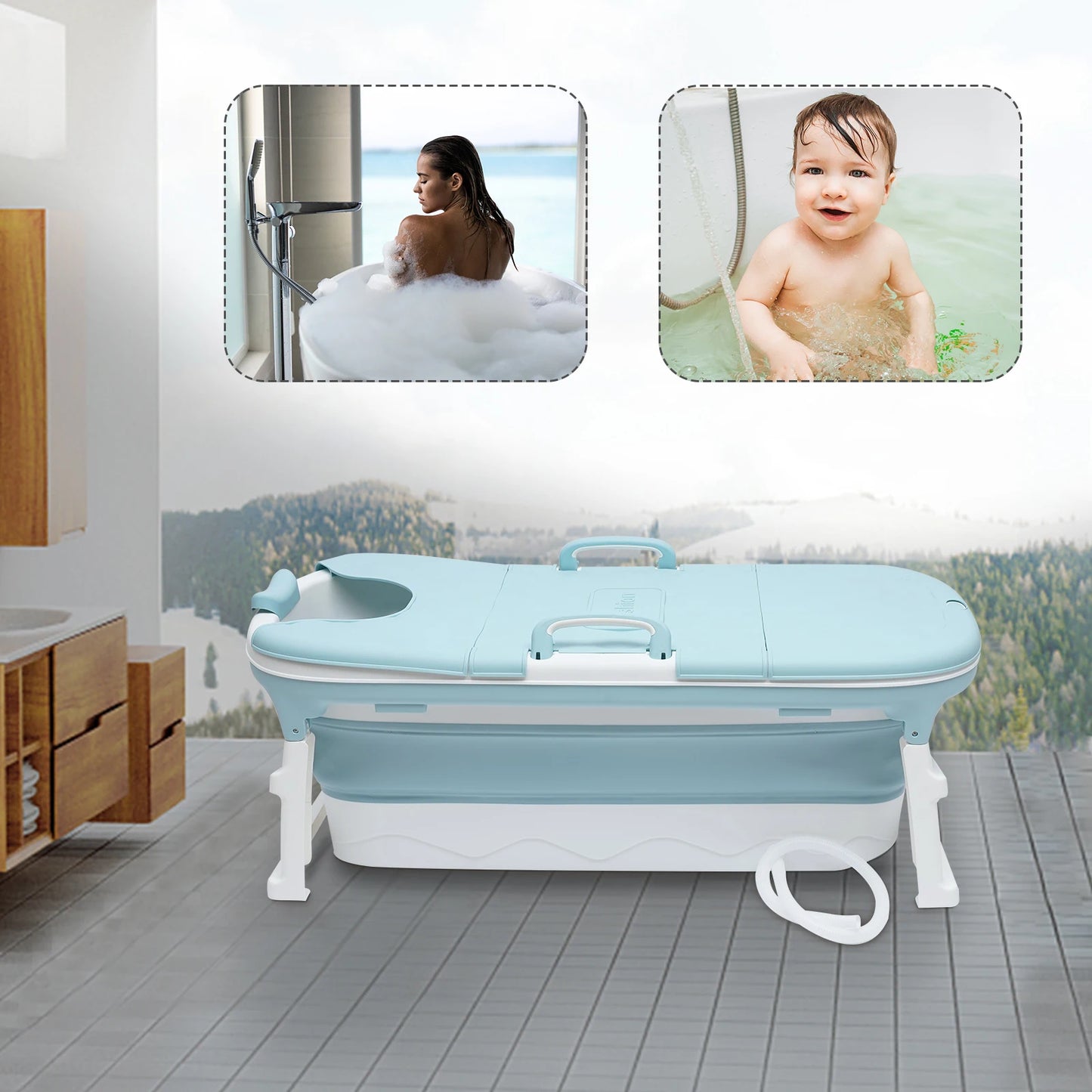 Portable Foldable Iatable BathTub Blue Bath Collapsible For Adults Large Tub Spa 138CM Home Application Massage Barrel