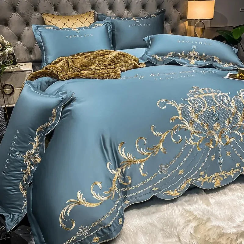 European Style Bedding Set Luxury Gold Royal Embroidery Satin Double Duvet Cover Pure Cotton Bed Sheets and Pillowcases Bed Set