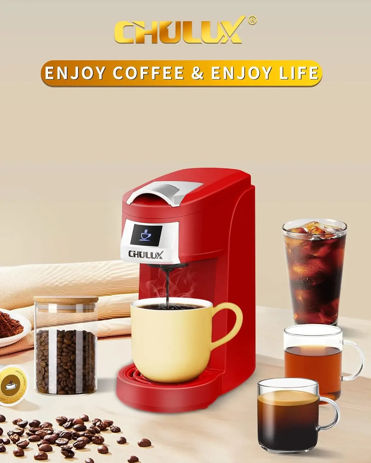 NEW Single Serve Coffee Maker, Red Single Cup Coffee Machine for K Cup & Ground Coffee, 5 to 12oz Brew Sizes in Mins for Home