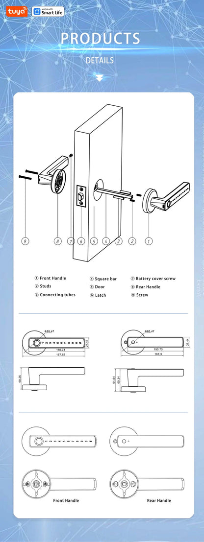 Tuya keyless entry door lock,Bluetooth short-range APP Control smart door handle - single row 5-in-1 fingerprint Door Lock