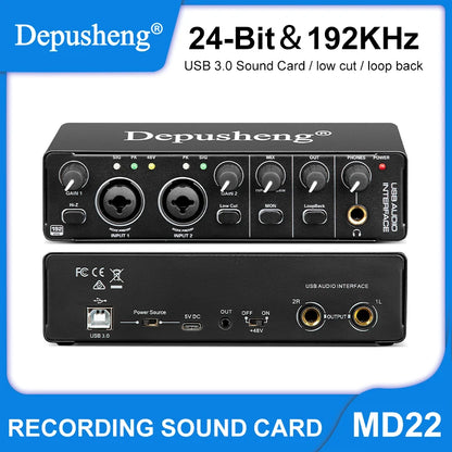 Audio Interface Depusheng MD22 Professional Sound Card with Monitoring Electric Guitar Live Recording For Studio Singing Micro