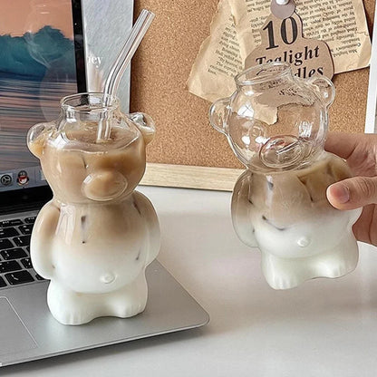 320ML Creative Cute Bear Coffee Mug with Straw Transparent Cup Beer Milk Coffee Water Cups Wholesale Glass Drinkware Mug Set