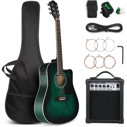 Full Size 6 Strings Acoustic Electric Guitar Beginner Kit w/ 15W Amp,w/Inbuilt Tuner, Bag, Strap, Picks, Strings