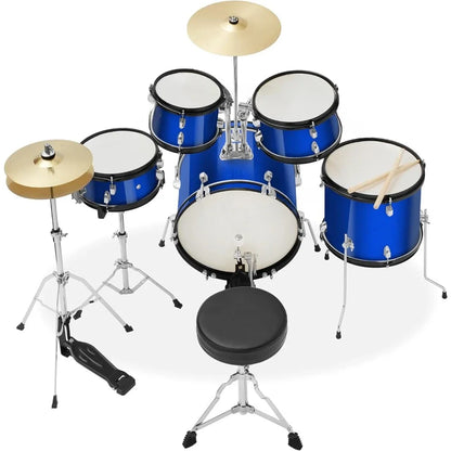 Hardware Drum Set 5-Piece Junior Starter Drum Kit With Cymbals Music Instruments Sticks & Throne - Blue Percussion Musical