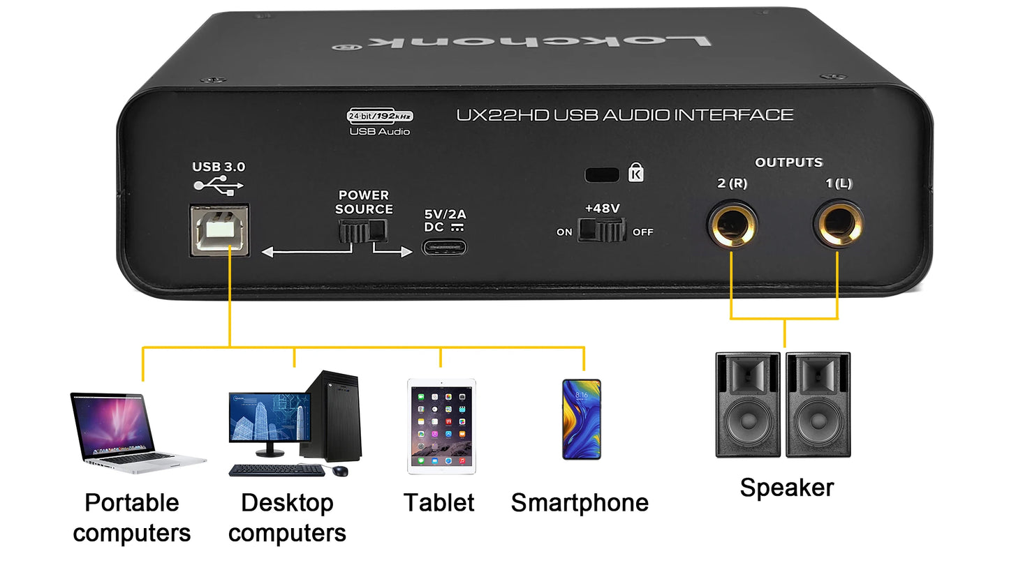 UX22 Audio Interface Sound Card 24-bit/192KHz AD Converter, Electric Guitar Live Recording Professional Studio Singing, Podcast