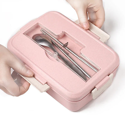 Microwave Lunch Box Wheat Straw Dinnerware with Spoon Chopsticks Food Storage Container Children Kids School Office Bento Box