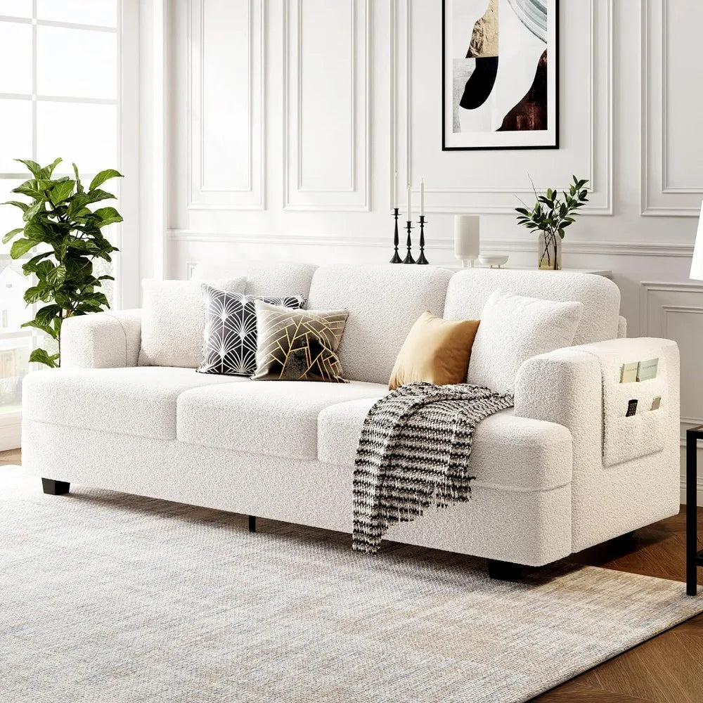 Living Room Sofas, 89 Inch Comfortable Deep Seat Sofa with Cushions in Off White Boucle, Modern Living Room Sleeper Sofa