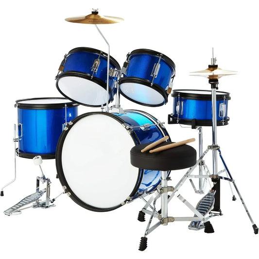 5 Piece - Full 16in Youth Drumset with Bass, Toms, Snare Drum, Cymbal, Hi-Hat, Drumsticks & Seat for 5 to 12 Year Old