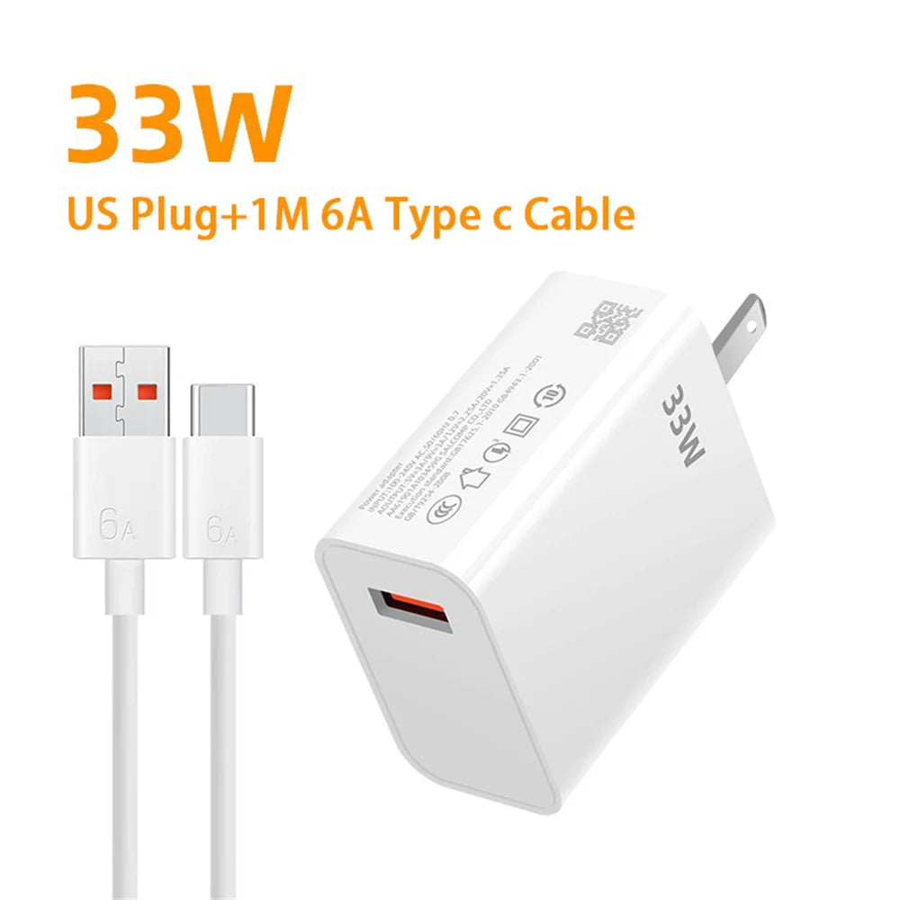 USB Charger 33W Fast Charging EU/US Plug Wall Charger 6A Type C Cable For Xiaomi Redmi K30 K40 iPhone Quick Charge Phone Adapter