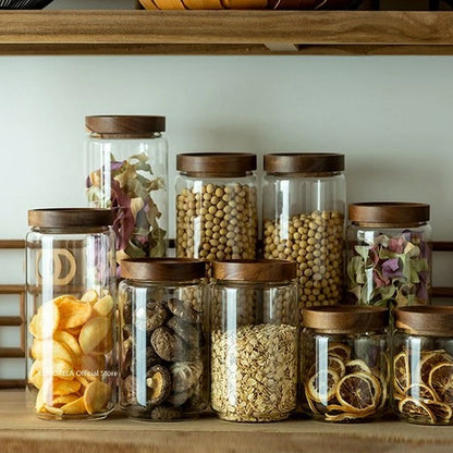 Wood Lid Glass Airtight Canister Kitchen Storage Bottles Jars Food Container Grains Tea Coffee Beans Grains Candy Jar Containers