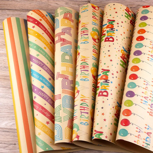 1Set 6pcs Birthday Gift Wrapping Paper,Multi Happy Birthday Patterns Gift Wrapping Paper For Birthday, Wedding, Gift Packaging