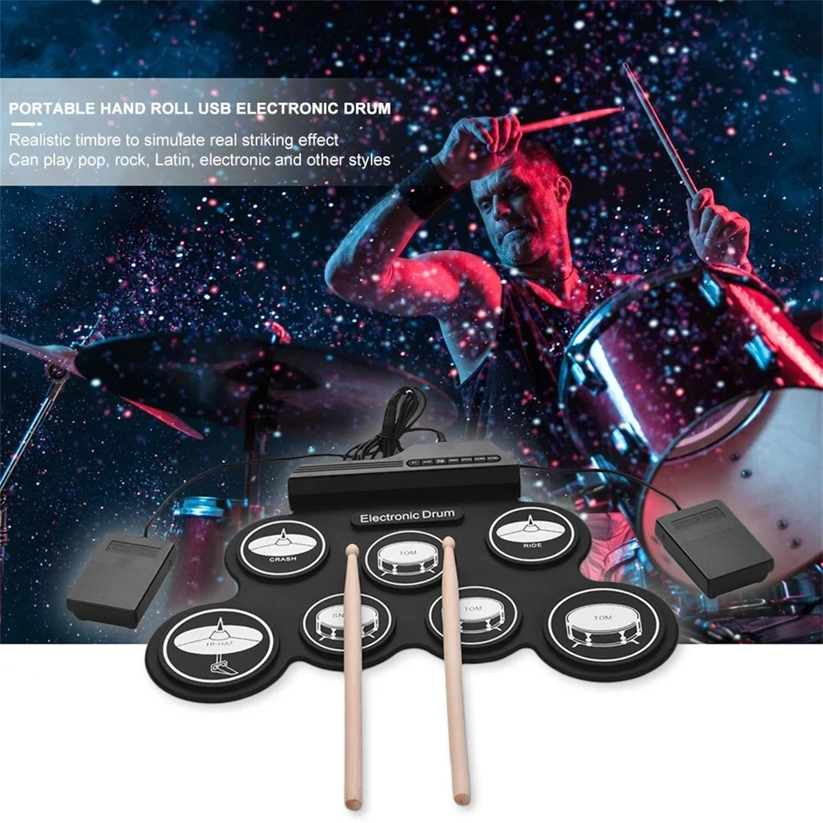 Electronic Drum Set Foldable Music Drums USB Silicone Drum Portable Practice Drums USB Pad Portable Practice Drums Kit with Drum