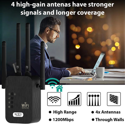 WiFi Repeater Wireless WIFI Extende WiFi Booster 2.4G/5G Dual-band 1200Mbps Network Amplifier Long Range Signal WiFi Router