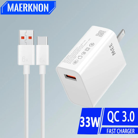 USB Charger 33W Fast Charging EU/US Plug Wall Charger 6A Type C Cable For Xiaomi Redmi K30 K40 iPhone Quick Charge Phone Adapter