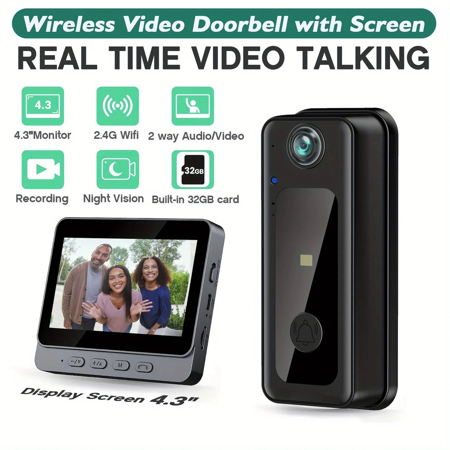 Wireless smart doorbell camera, 4.3 "screen indoor monitor, 2.4Ghz Wifi doorbell, 32GB SD card to save pictures and videos,