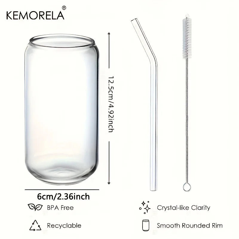 KEMORELA 1/4 Set Glass Cup With Lid and Straw Transparent Bubble Tea Cup Glass Beer Can Milk Mocha Cups Breakfast Mug Drinkware