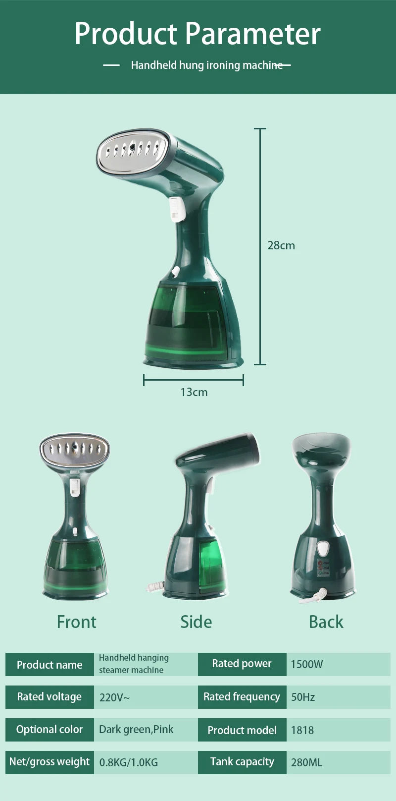 Garment Steamers 280ml Handheld Fabric Steamer 7 Holes 20 Seconds Fast-Heat 1500W Garment Steamer for Home Travelling Portable