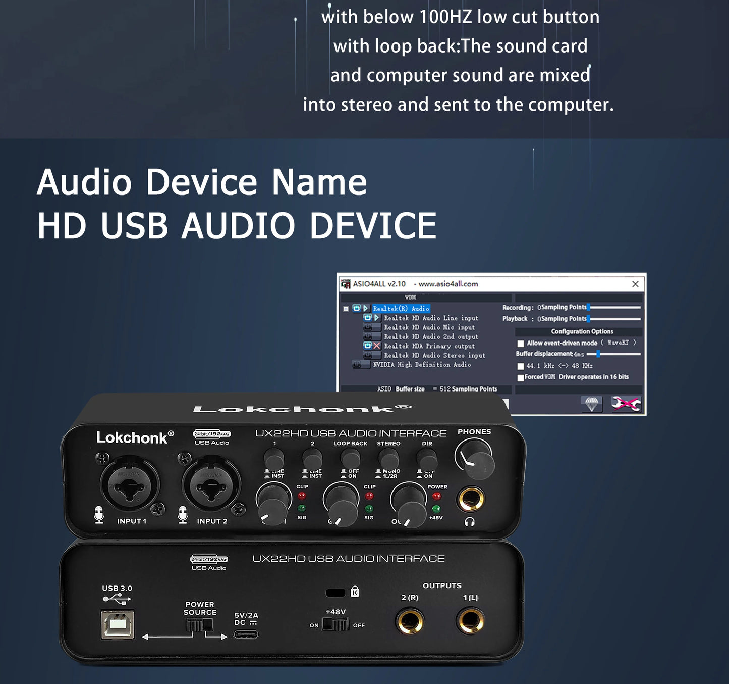 UX22 Audio Interface Sound Card 24-bit/192KHz AD Converter, Electric Guitar Live Recording Professional Studio Singing, Podcast