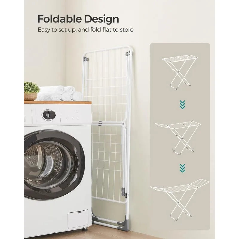 Clothes Drying Rack, Metal Laundry Drying Rack, Foldable, Space-Saving, Free-Standing Airer, with Gullwings, Indoor Outdoor