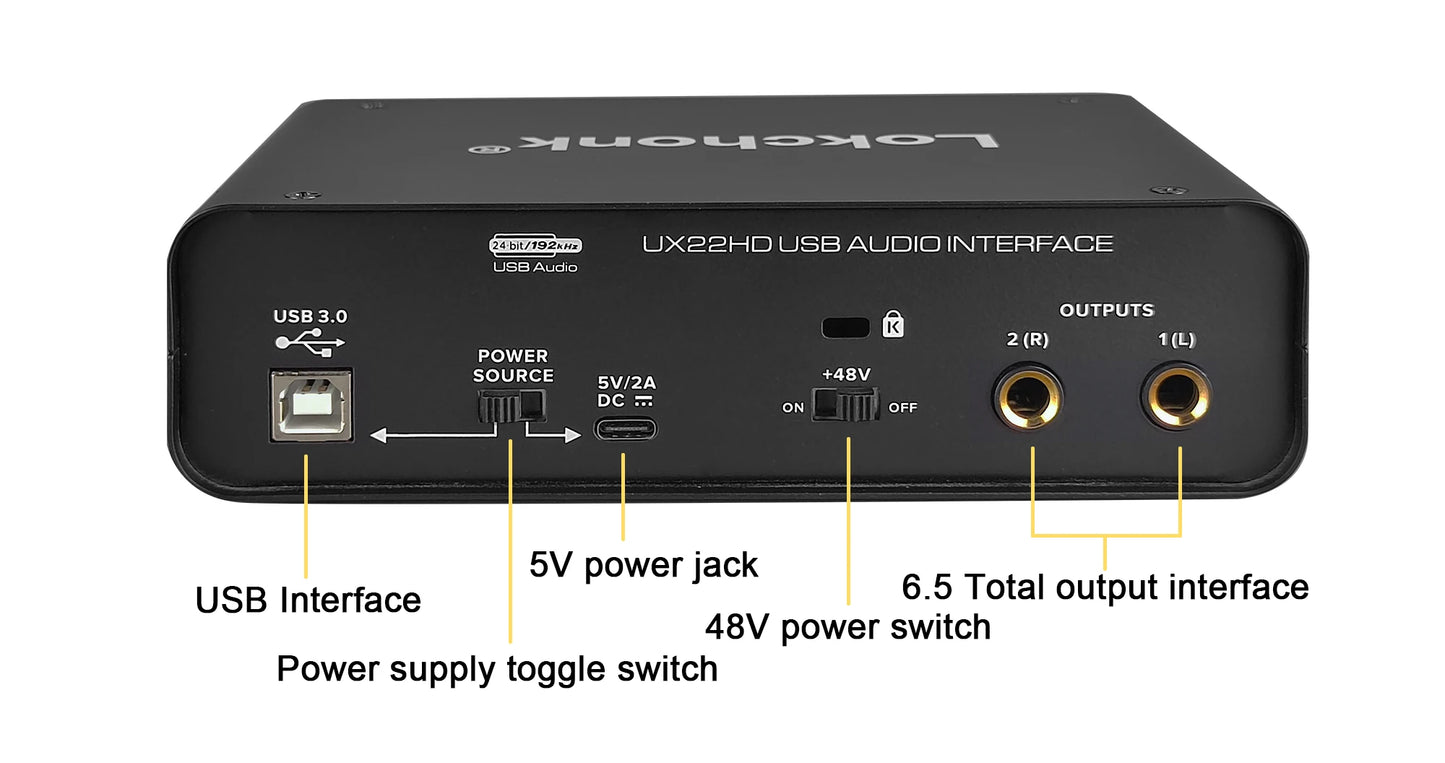 UX22 Audio Interface Sound Card 24-bit/192KHz AD Converter, Electric Guitar Live Recording Professional Studio Singing, Podcast