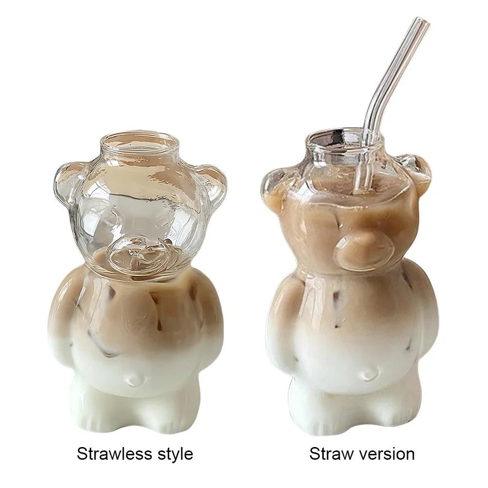 320ML Creative Cute Bear Coffee Mug with Straw Transparent Cup Beer Milk Coffee Water Cups Wholesale Glass Drinkware Mug Set