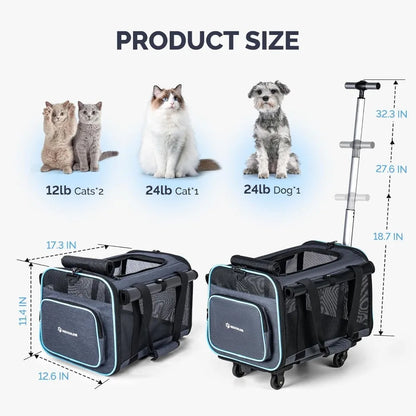 Pet Carrier with Wheels, Airline & TSA Approved, Cat/Dog Travel Soft Carrier Bag, Rolling Pet Backpack with Telescopic Handle