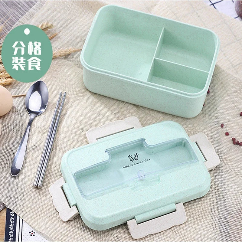 Microwave Lunch Box Wheat Straw Dinnerware with Spoon Chopsticks Food Storage Container Children Kids School Office Bento Box