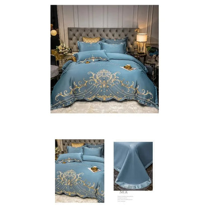 European Style Bedding Set Luxury Gold Royal Embroidery Satin Double Duvet Cover Pure Cotton Bed Sheets and Pillowcases Bed Set