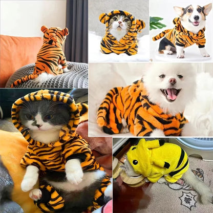 Thickened Flannel Costume for Pet, Warm Role Play, Tiger Dinosaur Costume, Monochromatic, Cat and Dog Clothing Autumn and Winter