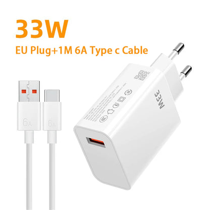 USB Charger 33W Fast Charging EU/US Plug Wall Charger 6A Type C Cable For Xiaomi Redmi K30 K40 iPhone Quick Charge Phone Adapter