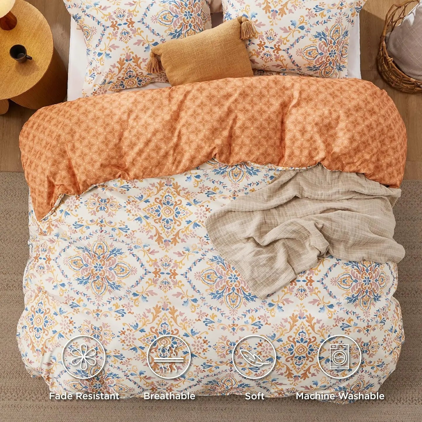 Bedsure Duvet Cover Queen Size - Reversible Bohemian Orange Duvet Cover Set with Zipper Closure, Damask Patterned Bedding