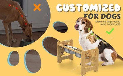 Elevated Dog Bowls Bamboo Tilted Adjustable Dogs Feeder Stand with Stainless Steel Food Bowls for Puppies Cats Pet Accessories