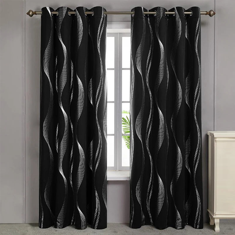 2Pcs Curtains Silvery Wave Striped Pattern Window Drape Blackout Grommet Top Window Treatment For Bedroom Living Room